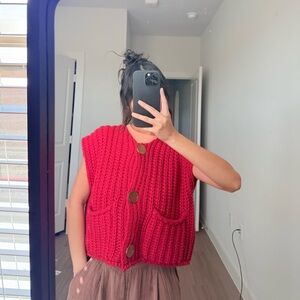 Red Knit Button-Up Vest